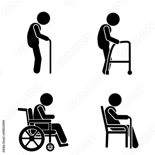 vector illustration of elderly, elderly with cane and wheelchair
