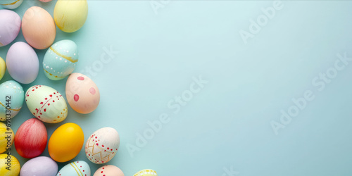 A cluster of pastel-colored Easter eggs on a light blue background with copy space. web banner design