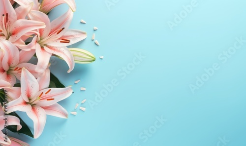 Spring flowers lily. Bouquet of flowers on pastel background. Valentine s Day  Easter  Birthday  Happy Women s Day  Mother s Day. Flat lay  top view  copy space for text