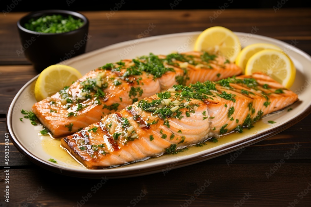Grilled salmon with lemon butter sauce.