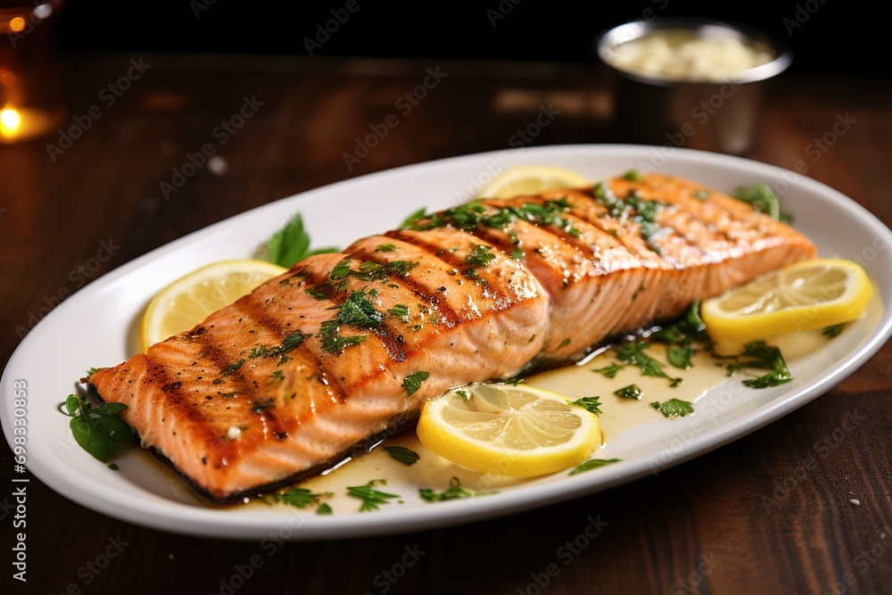 Grilled salmon with lemon butter sauce. Grilled salmon with lemon butter sauce.