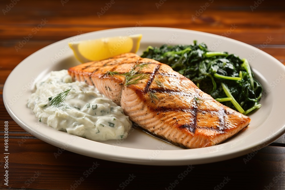 Grilled salmon with lemon butter sauce. Grilled salmon with lemon butter sauce.