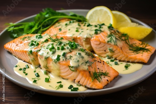 Grilled salmon with lemon butter sauce.