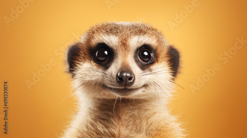 A close-up portrait of a meerkat with a curious expression on a yellow background.