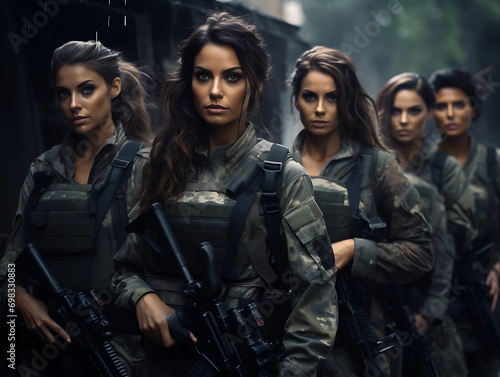 Grupo de mujeres militares guerreras luchando en la guerra para proteger a la población photo