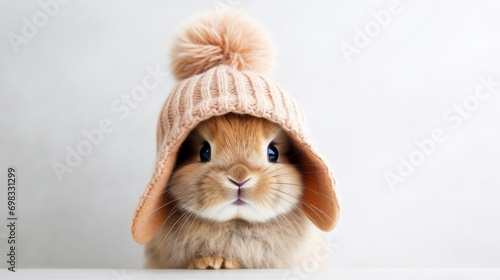 A brown bunny with a pink knitted hat on a white backdrop.