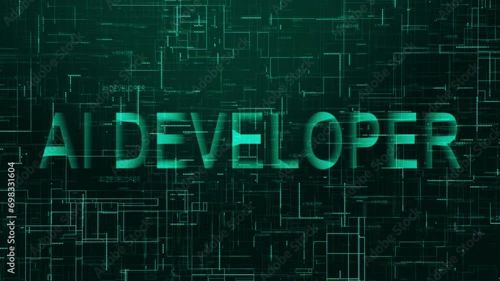 AI developer text technology data line animation cyan AI developer text technology data line animation cyan