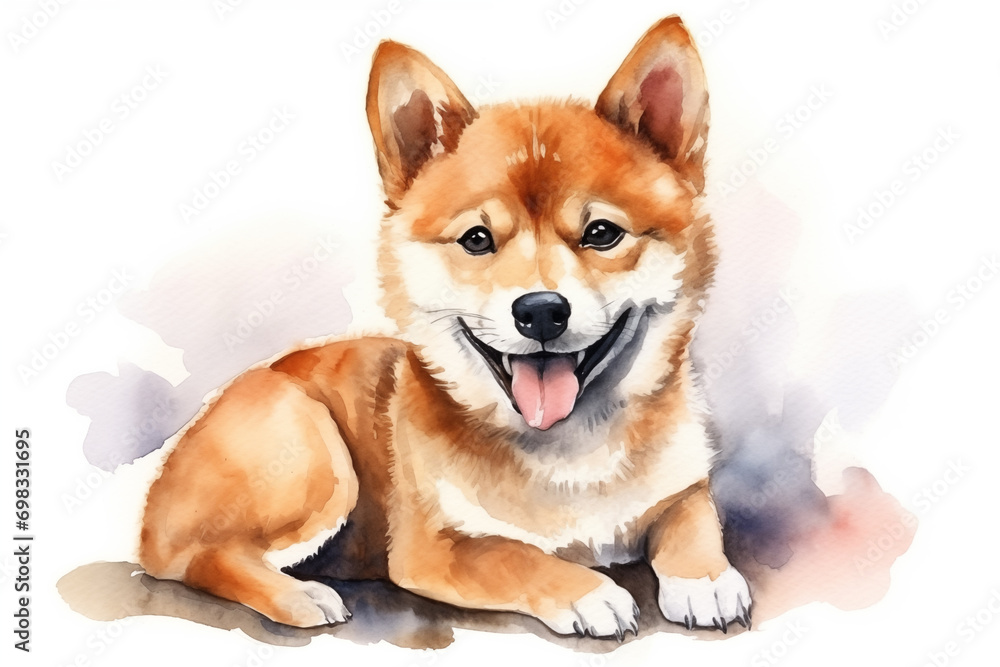 Cute little Shiba Inu dog with a wide open mouthed smile and bright. Watercolor.
