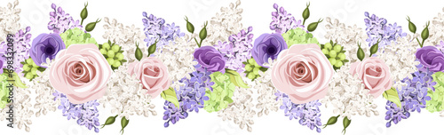 Horizontal seamless border with pink, purple, and white roses, lisianthus flowers, and lilac flowers. Vector floral garland