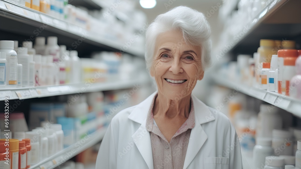 happy senior pharmacist talking or speaking to a sick elderly person in pharmacy. generative AI