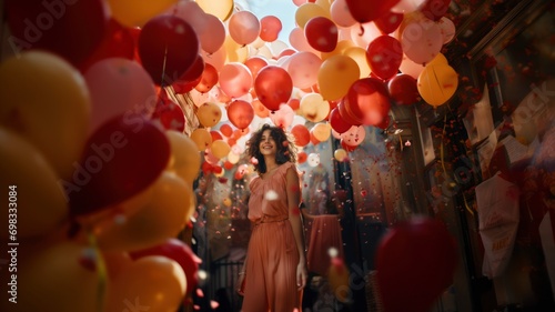 woman in the street happy with surrounded by balloons