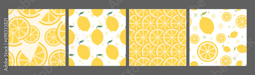 Vector seamless patterns set of many bright lemon icons. Whole fruits with fresh leaves, top view slices. Modern decorative element for juice packaging layout design, sweet drinks, advertising banner