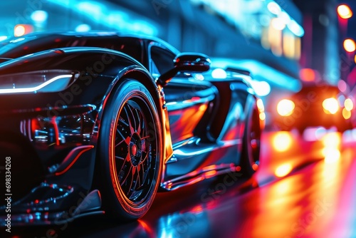 A low angle view of a fast driving sports car with neon lights on a city road at night.