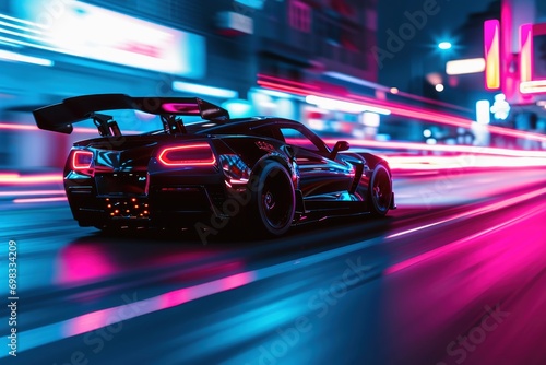A low angle view of a fast driving sports car with neon lights on a city road at night.