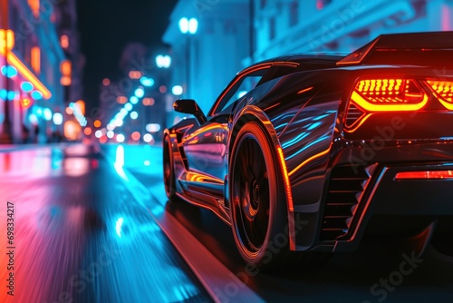 A low angle view of a fast driving sports car with neon lights on a city road at night. © Nicole