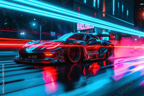 A low angle view of a fast driving sports car with neon lights on a city road at night.