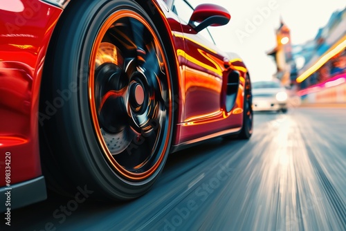 Close up of a fast turning wheel of a sports car.