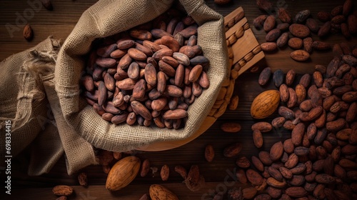 Portrait a sack cocoa bean on the table AI Generative photo