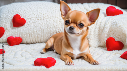 A small dog sitting on top of a white blanket surrounded by red hearts