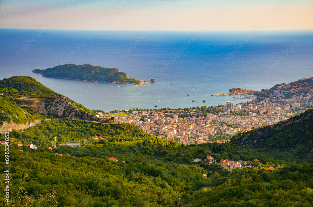 Budva city in Montenegro. Aerial view. 