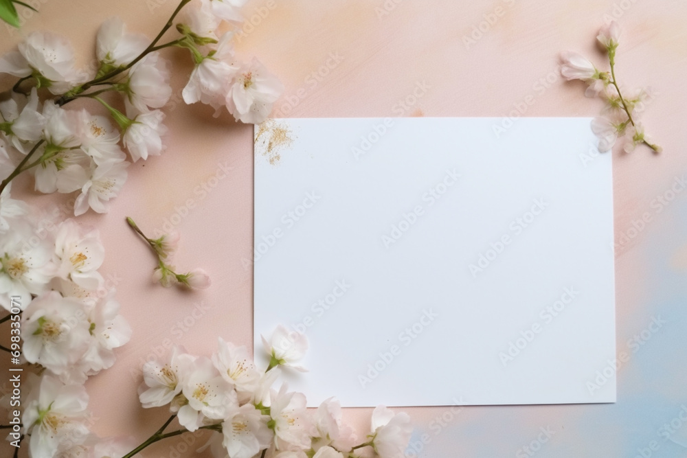 Blank paper and flowers on country background for printable art, paper, stationery and greeting card mockup Blank paper and flowers on country background for printable art, paper, stationery and greeting card mockup