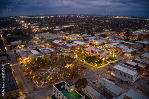 Aerial View of Seguin  Texas at Dusk during the Winter Holiday Season