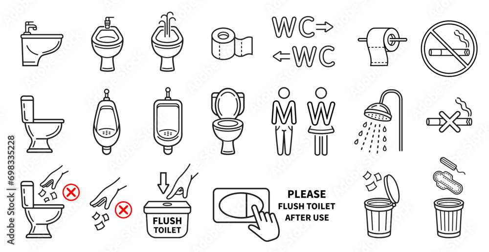 Public toilet WC, man and woman restroom, male urinal, bidet, shower room, bathroom plumbing line icon set. Paper tissue towel roll for body hygiene. Flush water in lavatory. Throw trash in bin vector Public toilet WC, man and woman restroom, male urinal, bidet, shower room, bathroom plumbing line icon set. Paper tissue towel roll for body hygiene. Flush water in lavatory. Throw trash in bin vector