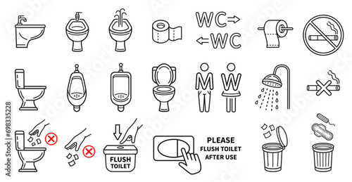 Public toilet WC, man and woman restroom, male urinal, bidet, shower room, bathroom plumbing line icon set. Paper tissue towel roll for body hygiene. Flush water in lavatory. Throw trash in bin vector photo