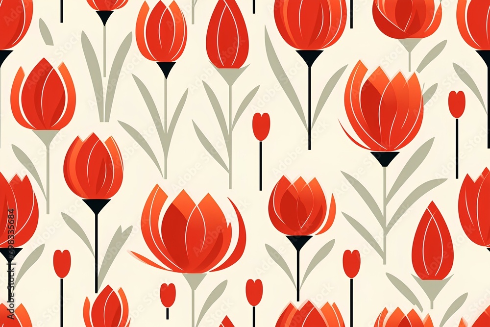 Flowers and leaves background design. Abstract geometric seamless pattern. Decoration floral ornament in retro vintage design style. Red tulip flowers. modern vector artwork. generative AI