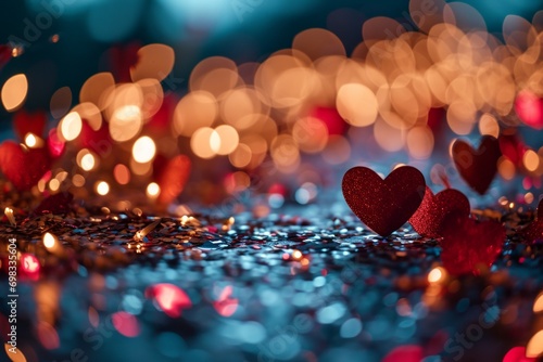 A love background featuring floating paper hearts and confetti in a dreamy, bokeh-lit setting, perfect for romantic celebrations or Valentine's Day themes