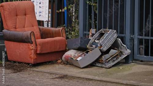 Electronic Waste Old Broken CRT TV Set Garbage Dumped Outdoors For Collecting By City Cleaning Services Curbside Pickup photo