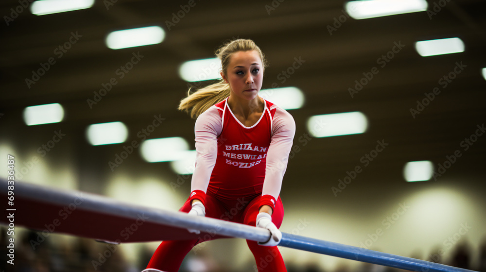 A gymnastics competition featuring skilled athletes on the balance beam. - obrazy, fototapety, plakaty 