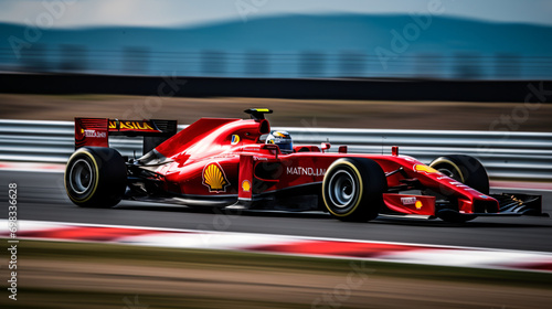 A high-speed Formula 1 car race on a professional racetrack.