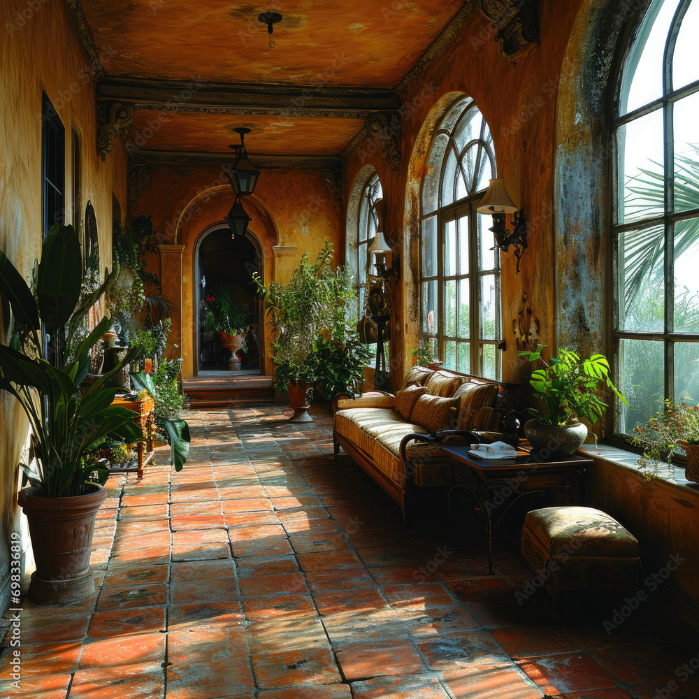 Tuscan Radiance Sunroom with Terracotta Tiles and Warm Glow