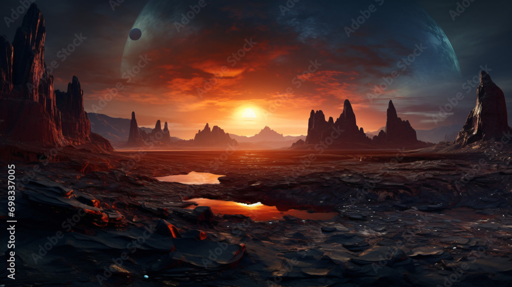 A panoramic view of an alien planets landscape with bizarre rock formations and a twin sun setting.