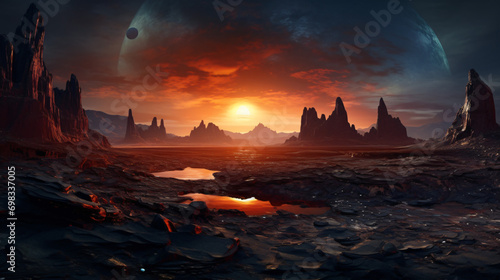 A panoramic view of an alien planets landscape with bizarre rock formations and a twin sun setting.
