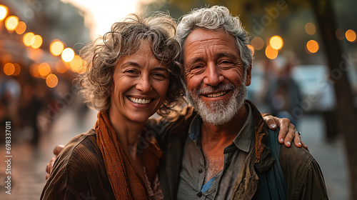 A happy elderly couple embraces and smiles while standing on a city street at dusk