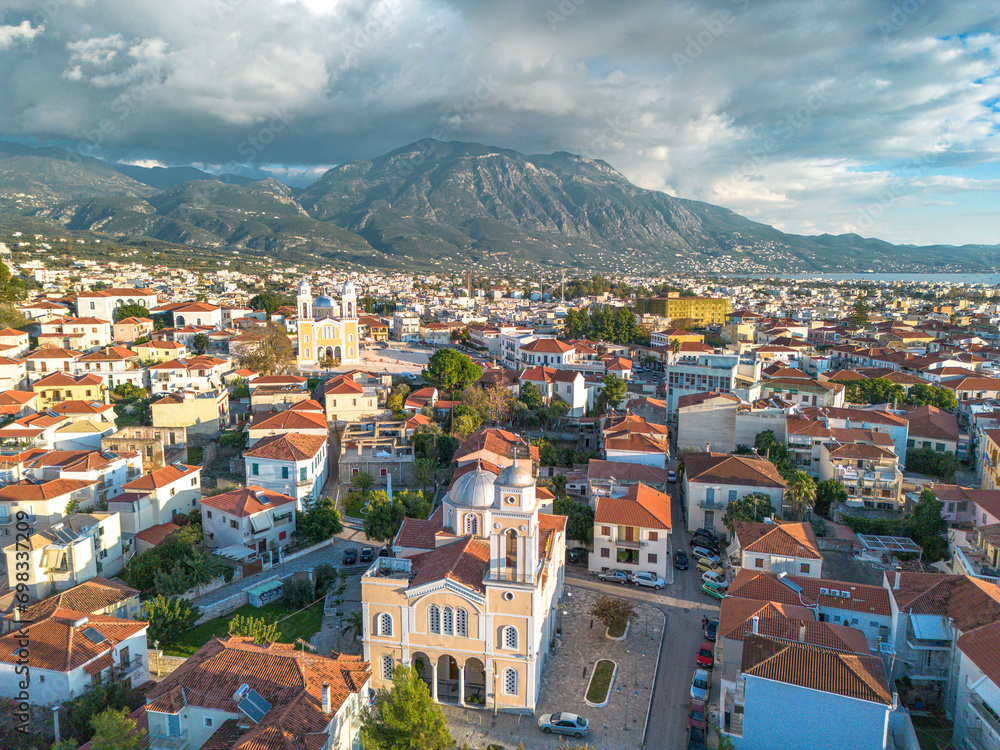 Aerial view over the old historical center of Kalamata seaside city, Greece by the Castle of Kalamata.