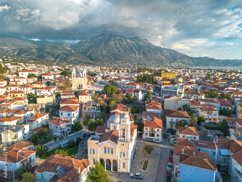 Aerial view over the old historical center of Kalamata seaside city, Greece by the Castle of Kalamata. photo