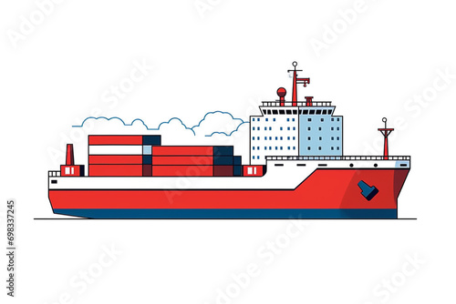 illustration line art coloring black and white crane loading cargo container from truck to container ship boat international terminal logistic sea port cargo ship in the middle sea Generative ai photo