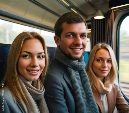 Tres amigos dos mujeres y un hombre sonriendo de viaje sentados juntos en el asiento de un tren junto a una ventana © Cade Foster 