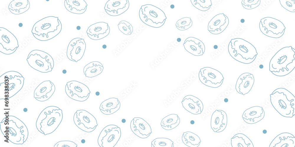 Vector illustration. Contour pattern. Cakes, donuts, croissants, macarons in sketch style. Hand drawn food elements. Desserts and sweets food doodle background with copy space for text. Vector illustration. Contour pattern. Cakes, donuts, croissants, macarons in sketch style. Hand drawn food elements. Desserts and sweets food doodle background with copy space for text.