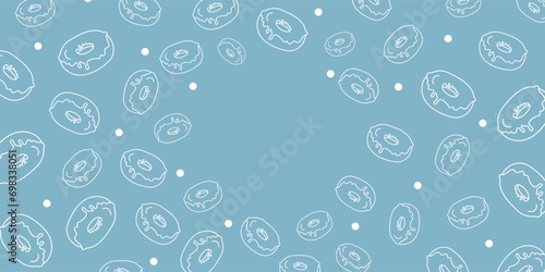 Vector illustration. Contour pattern. Cakes, donuts, croissants, macarons in sketch style. Hand drawn food elements. Desserts and sweets food doodle background with copy space for text.