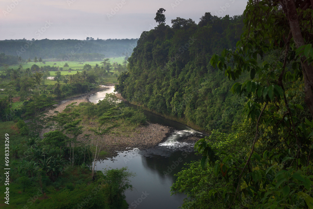 beautiful morning view from Indonesia of mountains and tropical forest