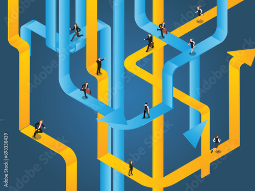 Business people with various roads solution options isometric 3d vector concept