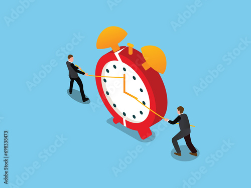 Businessman using rope to pull minute and hour hands isometric 3d vector concept