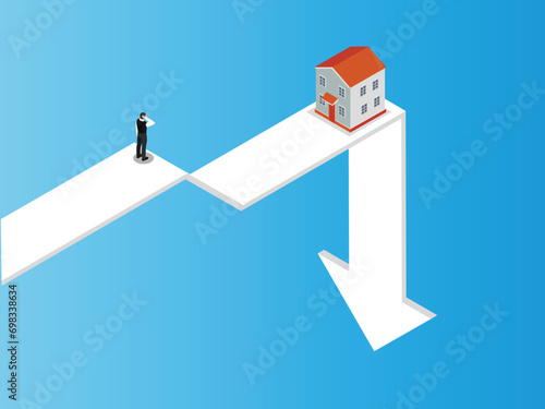 Home prices fall in real estate and property market crash isometric 3d vector concept