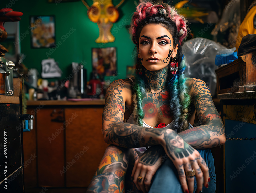 Estudio de tatuajes con chica tatuadora alternativa tatuada con el pelo de colores en su cabina de tatuaje