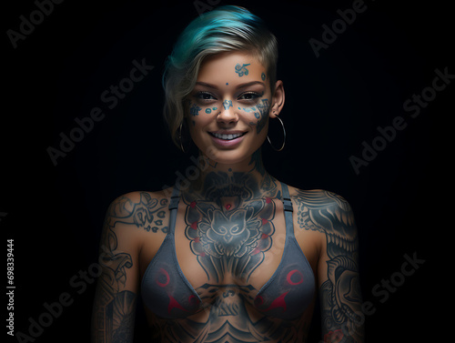 Retrato mujer alternativa, con tatuajes, delgada y el pelo de colores sonriendo con iluminación y fondo de luces de colores