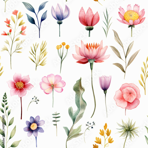 Seamless pattern of Asian flowers, watercolor, Wrapping paper pattern